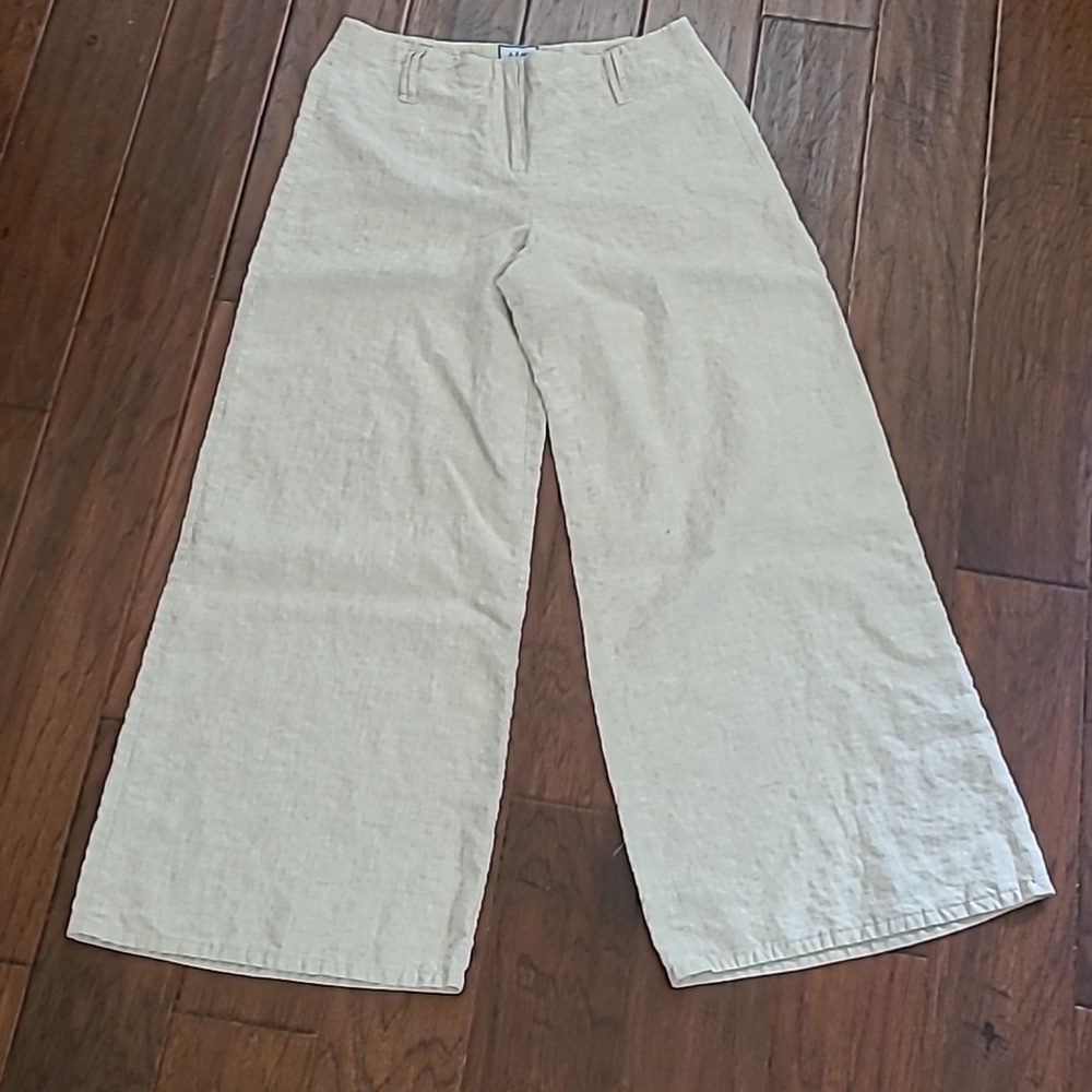 itw by Claude Brown Khaki 100% Linen Wide Leg Trousers size 10
